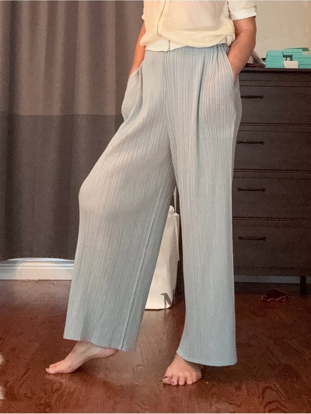 Look like Issey-Inspired Pleated Wide-Leg Pants Light Gray & Blue
